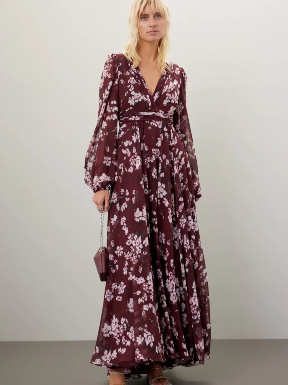 Mac Duggal Burgandy Floral Long Sleeve Chiffon Gown 4 - Picture 1 of 11